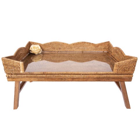 Artifacts Rattan Scallop Design Breakfast Tray with Wooden Legs & Glass Insert