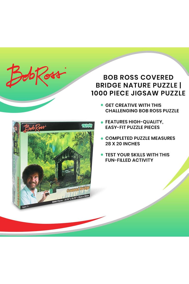 Bob Ross Covered Bridge Nature Puzzle | 1000 Piece Jigsaw Puzzle, Alternate, color, Green