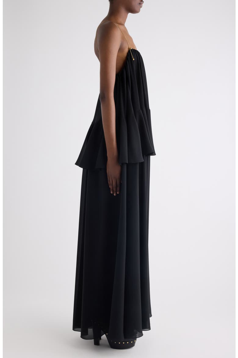 Chain Strap Peplum Silk Georgette Maxi Dress, Alternate, color, BLACK