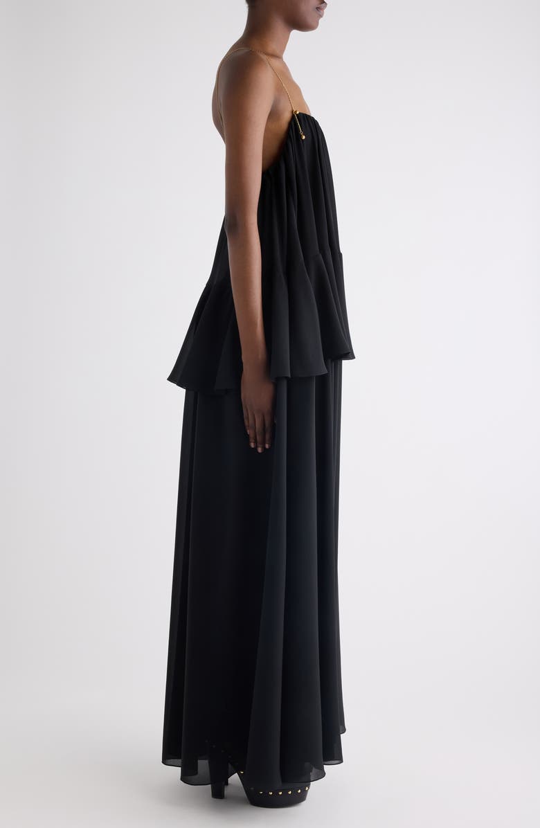 Chloé Chain Strap Peplum Silk Georgette Maxi Dress, Alternate, color, Black