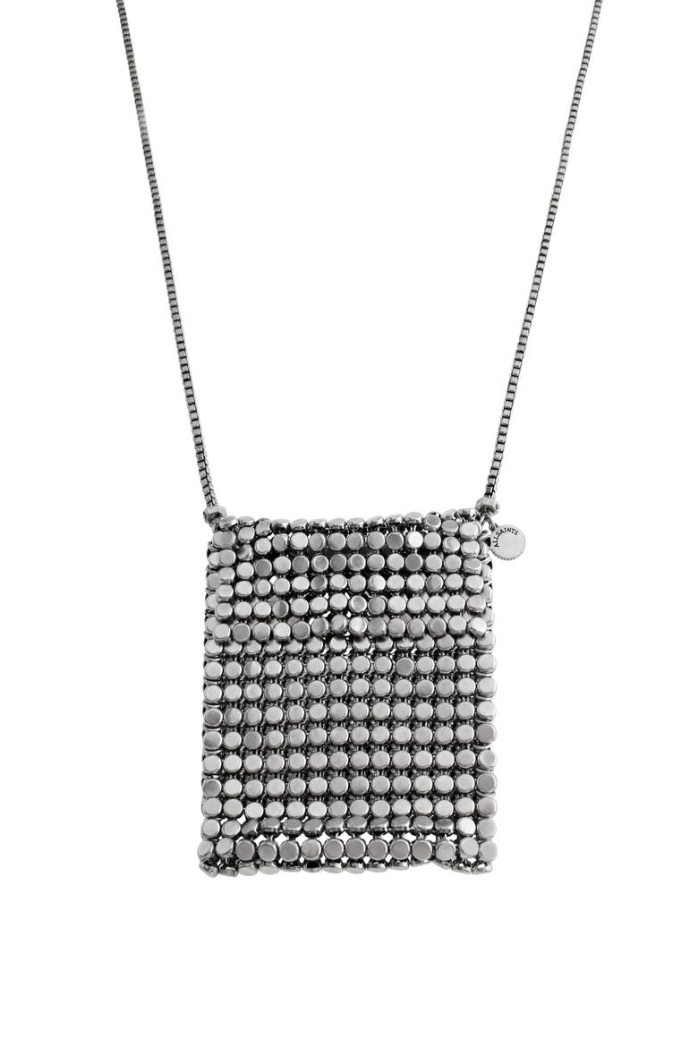 Chainmail Bag Long Pendant Necklace, Alternate, color, WARM SILVER
