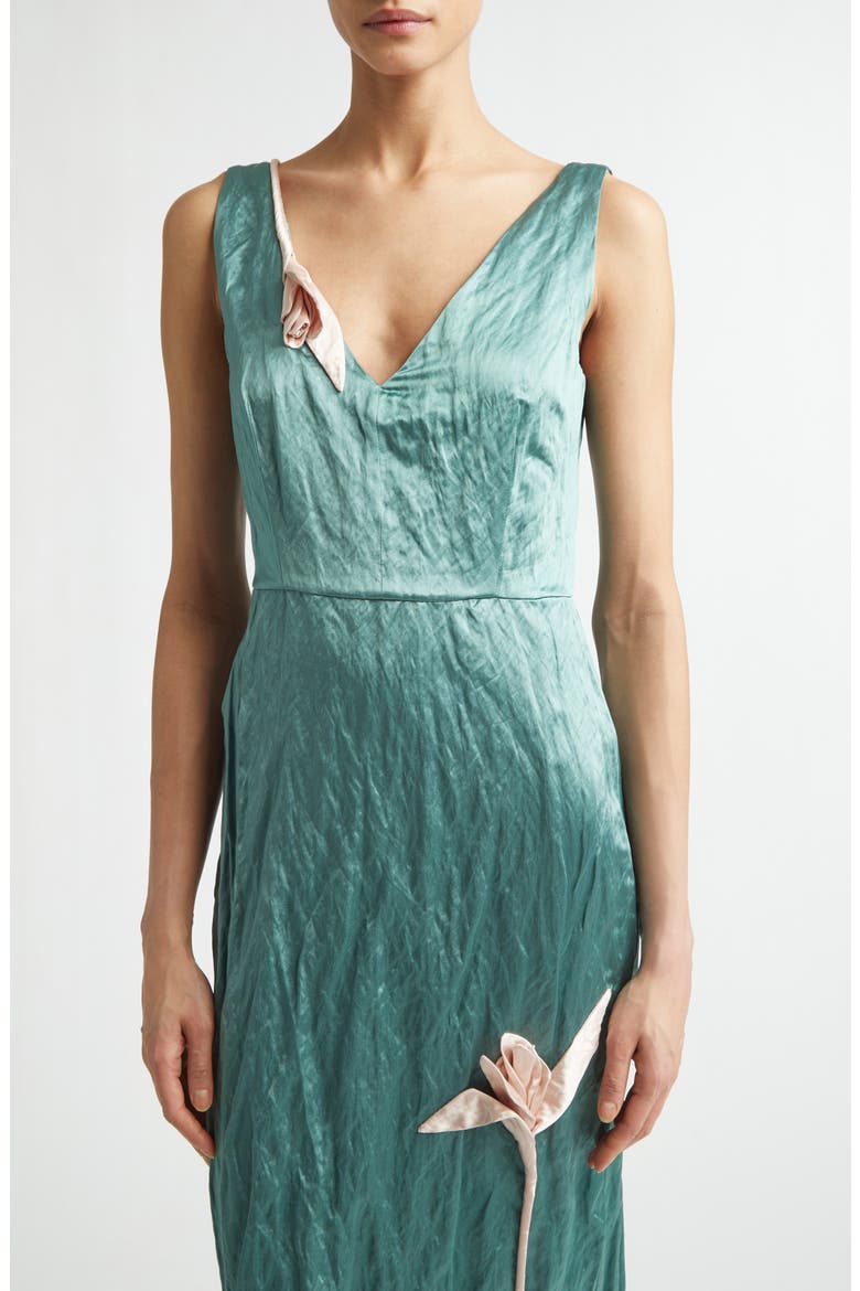 Tulip Appliqué Crinkled Metallic Satin Gown, Alternate, color, EAU DE NIL