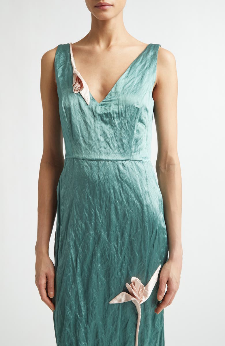 Erdem Tulip Appliqué Crinkled Metallic Satin Gown, Alternate, color, Eau De Nil