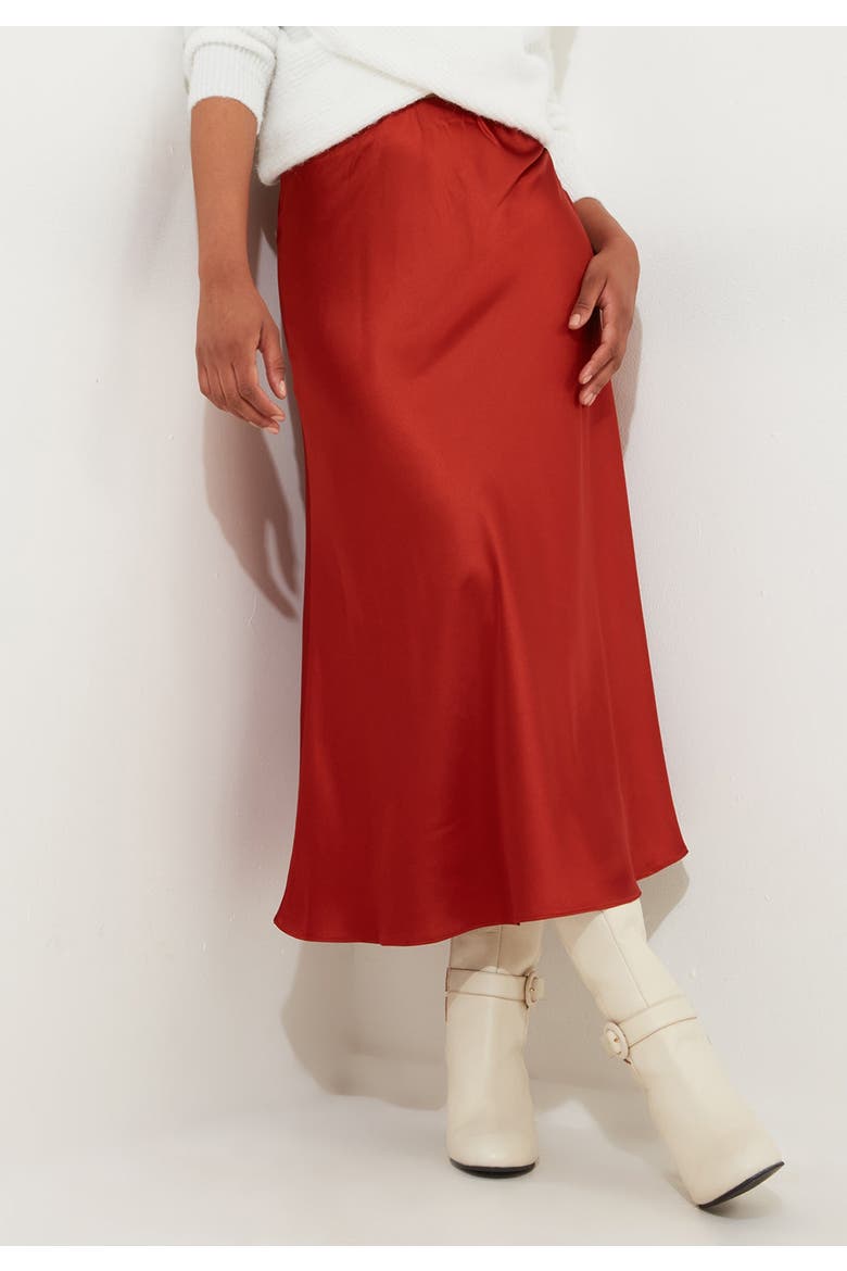 Fluted Satin Midi Skirt, Alternate, color, COPPER RED