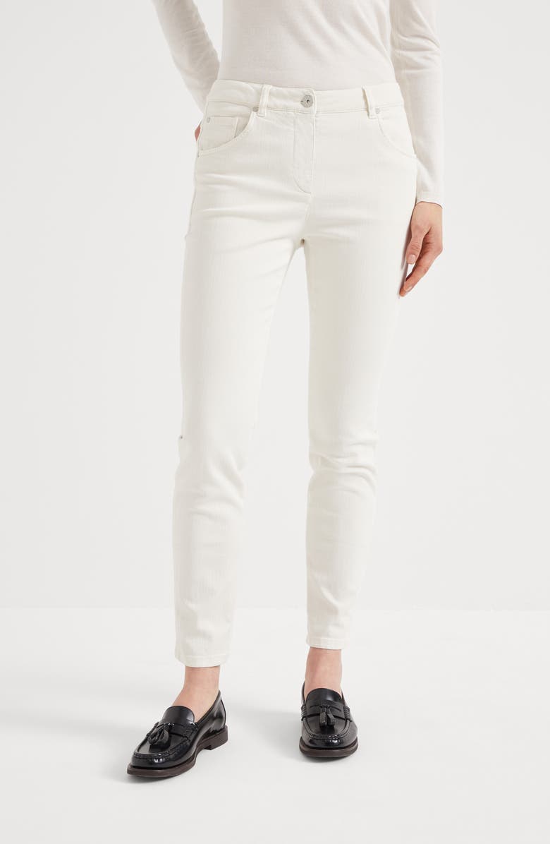 Brunello Cucinelli Stretch dyed denim slim trousers with shiny leather tab, Alternate, color, 
