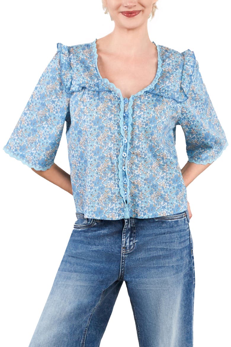 Happy Allie Floral Cotton Blend Button-Up Shirt, Alternate, color, COOL BLOOM