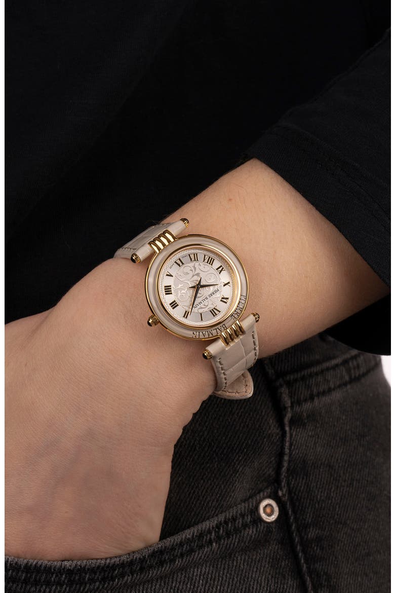Haute Elegance Leather Strap Watch, 30mm, Alternate, color, STAINLESS STEEL WITH BEIGE