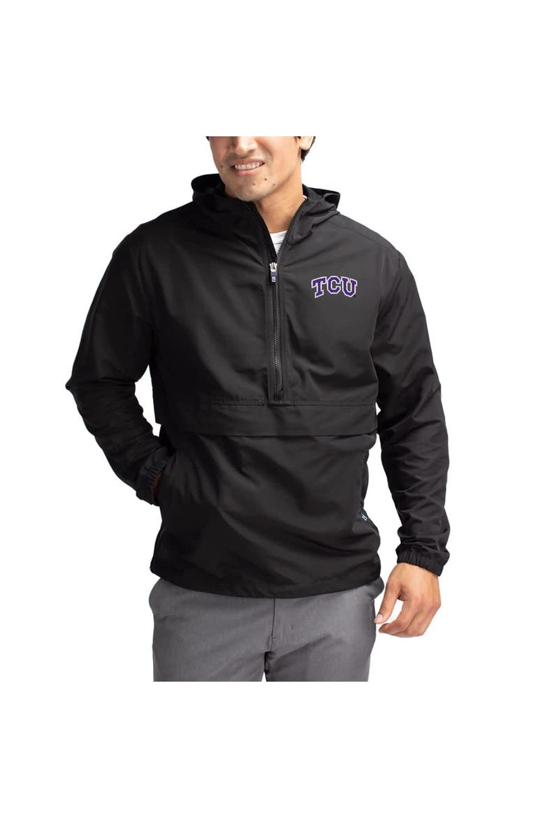 Men's Cutter & Buck Black TCU Horned Frogs Charter Eco Recycled Half-Zip Anorak Jacket, Main, color, Black