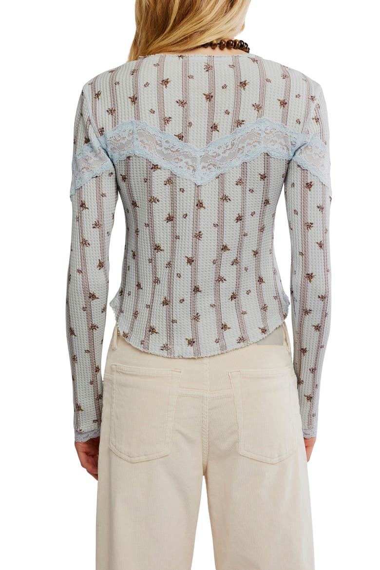 Let's Party Floral Lace Trim Cotton Waffle Knit Button-Up Top, Alternate, color, PEARL BLUE COMBO