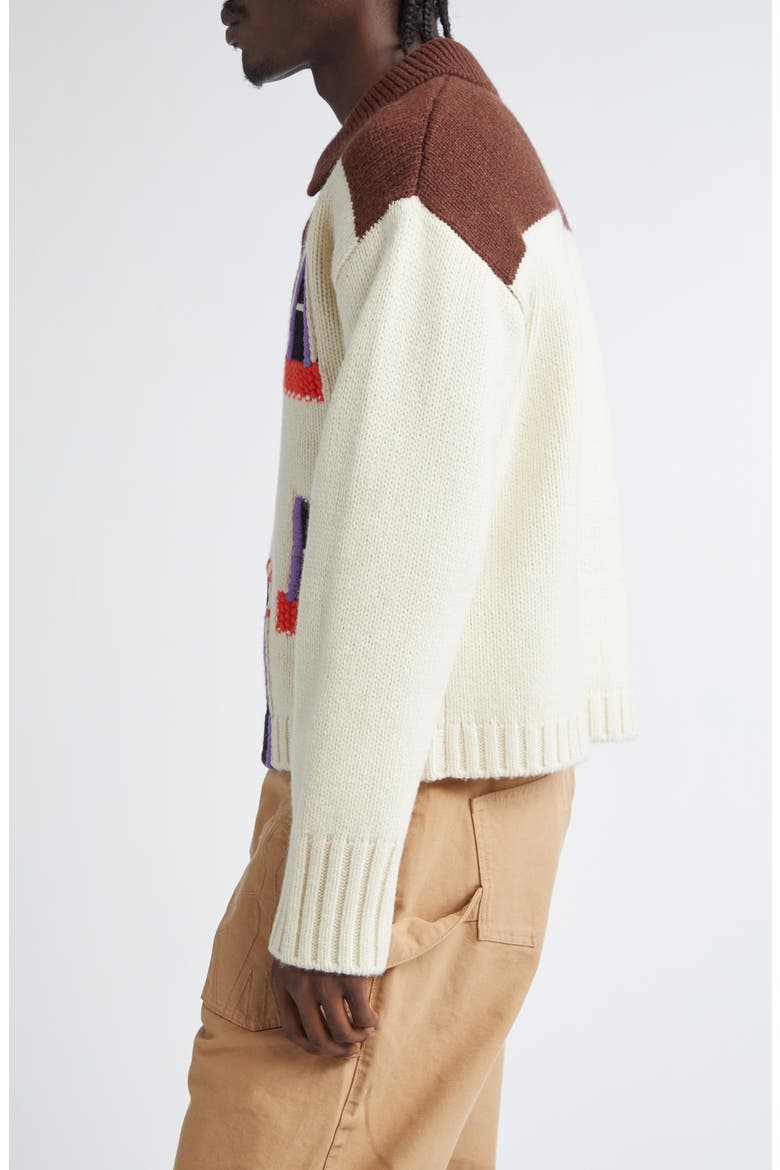 House Intarsia Embroidered Wool Polo Sweater, Alternate, color, FLAX