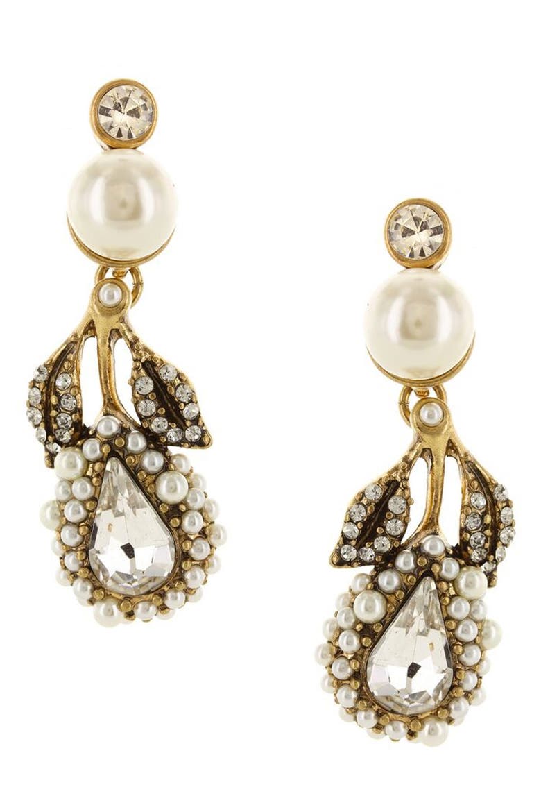 Cheyenne Imitation Pearl & Crystal Leaf Drop Earrings, Main, color, BURNISHED GOLD / WHITE