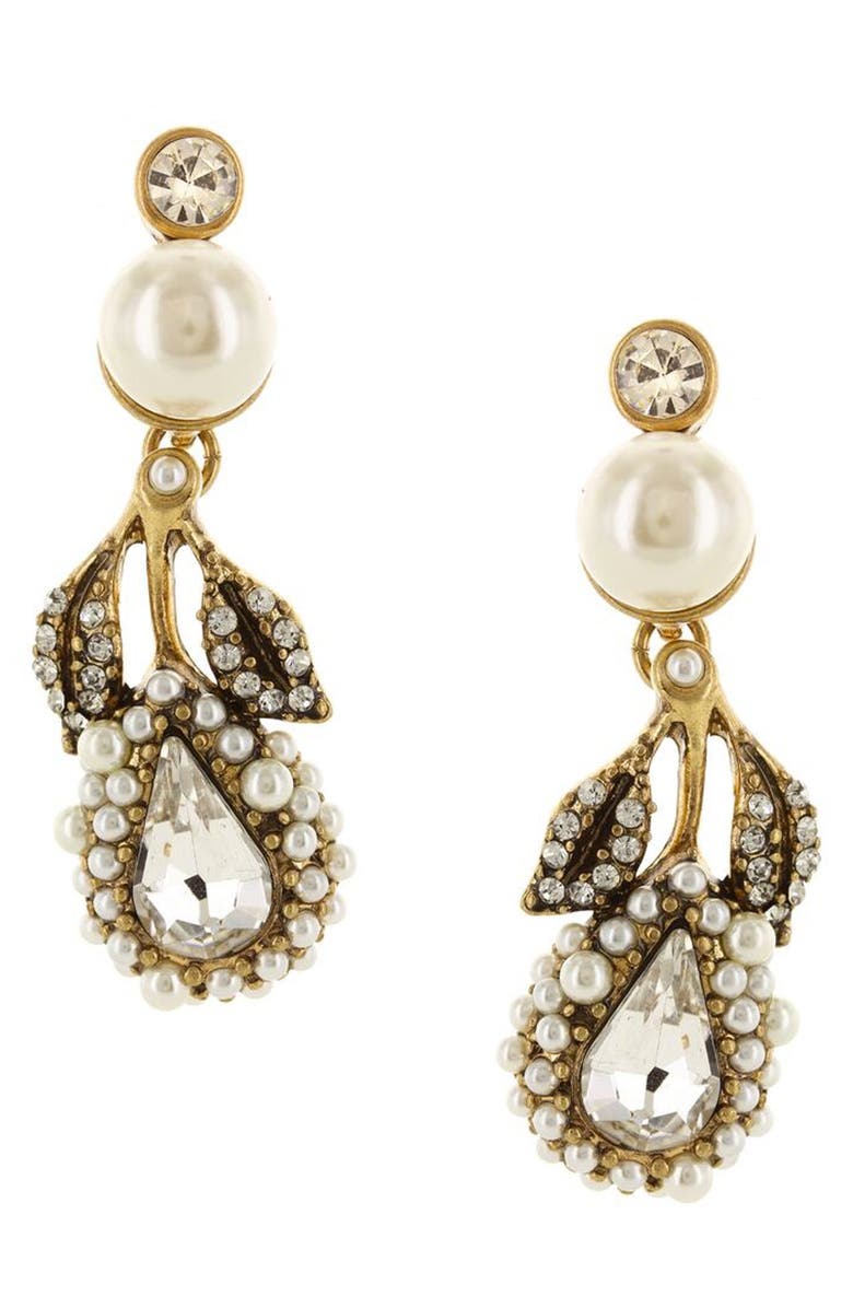 OLIVIA WELLES Cheyenne Imitation Pearl & Crystal Leaf Drop Earrings, Main, color, 