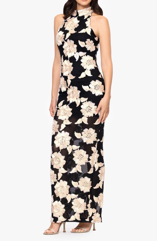 Betsy & Adam Floral Soutache Sheath Gown In Brown