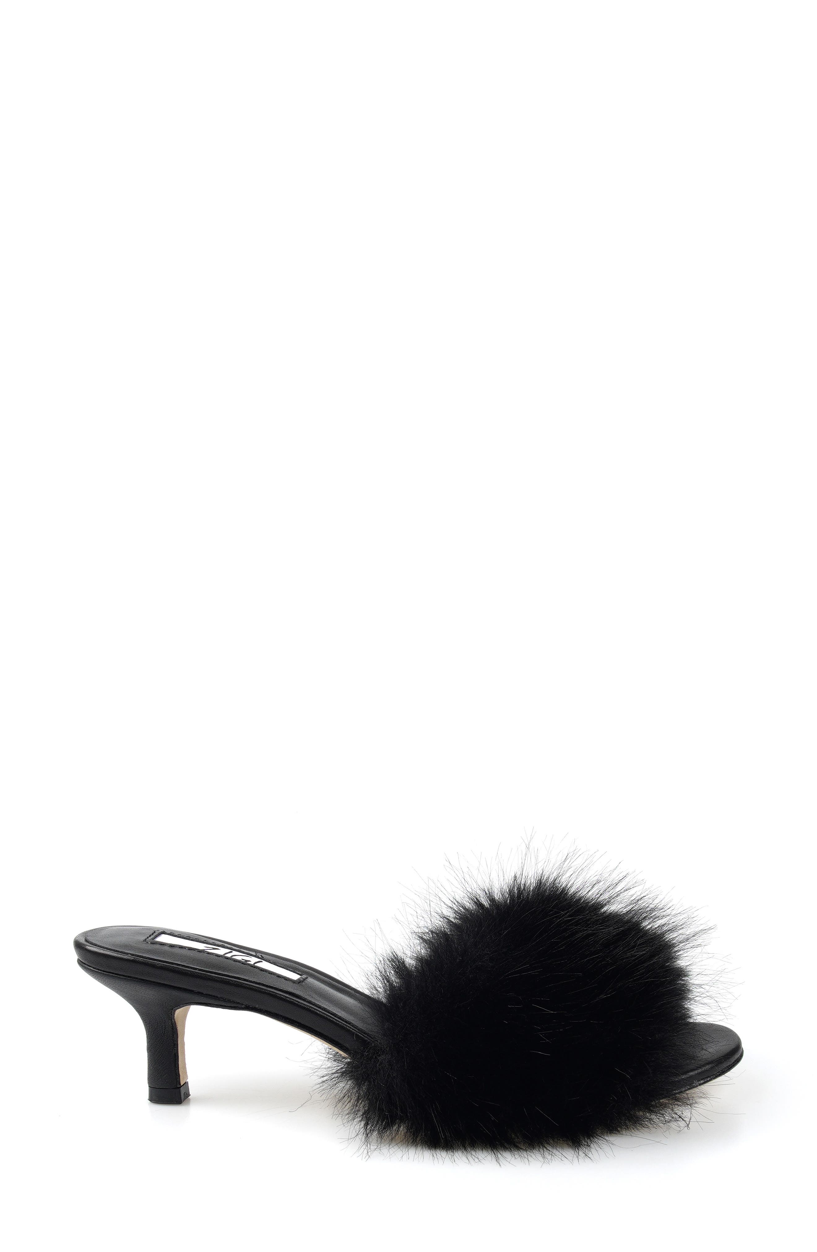 Faux Fur Kitten Heel Sandal, Alternate, color, BLACK
