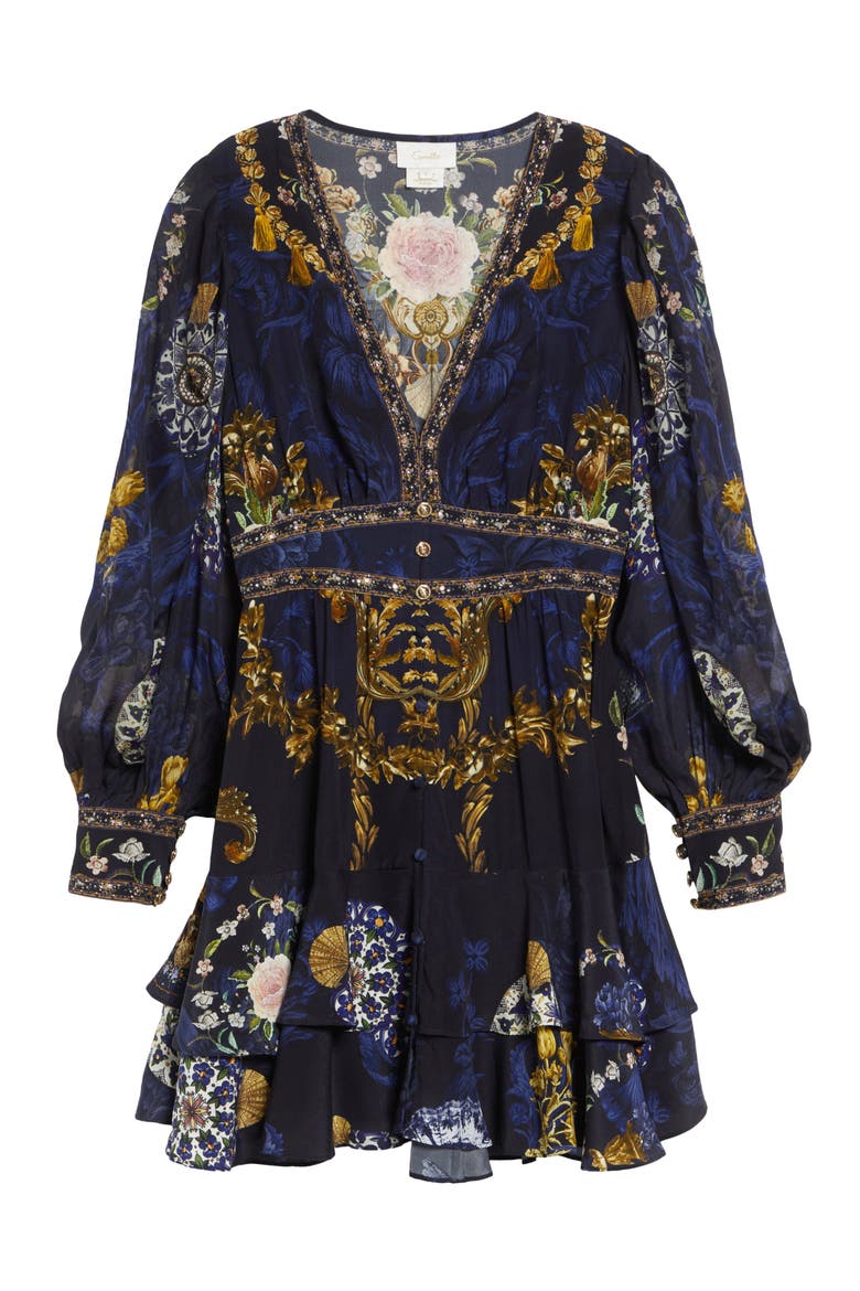 Beaded Print Long Sleeve Silk Dress, Alternate, color, NOTES FROM THE BLUE ROOM