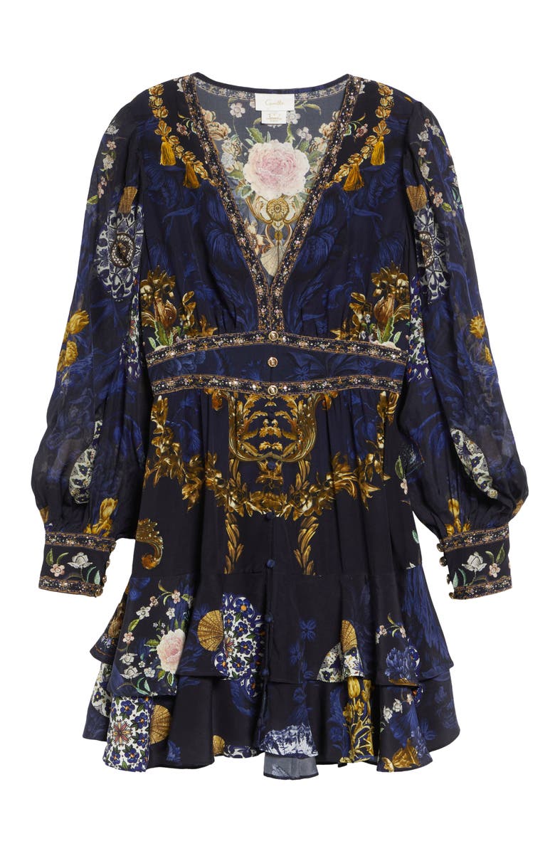 Camilla Beaded Print Long Sleeve Silk Dress, Main, color, Notes From The Blue Room