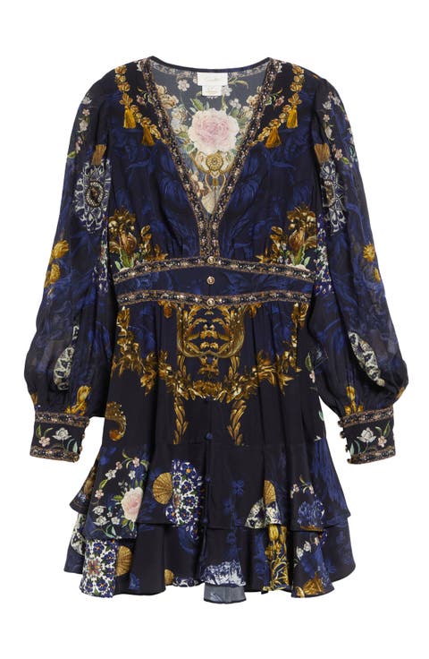 Beaded Print Long Sleeve Silk Dress