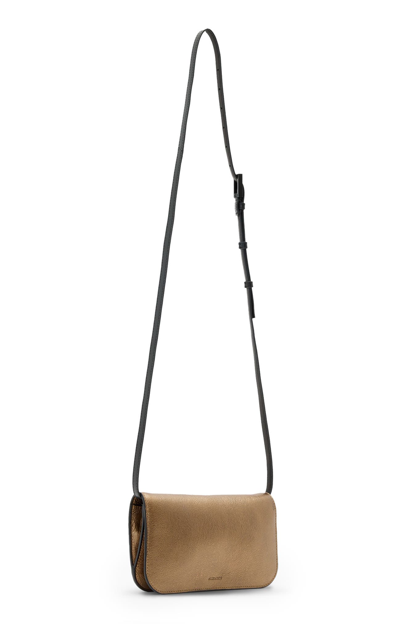 AllSaints Maeve Leather Crossbody Wallet, Alternate, color, Warm Brass