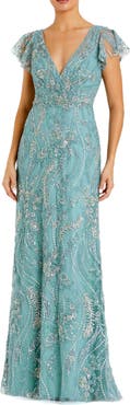 Mac Duggal Petite V Neck Flutter Sleeve Floral Embroidered Gown