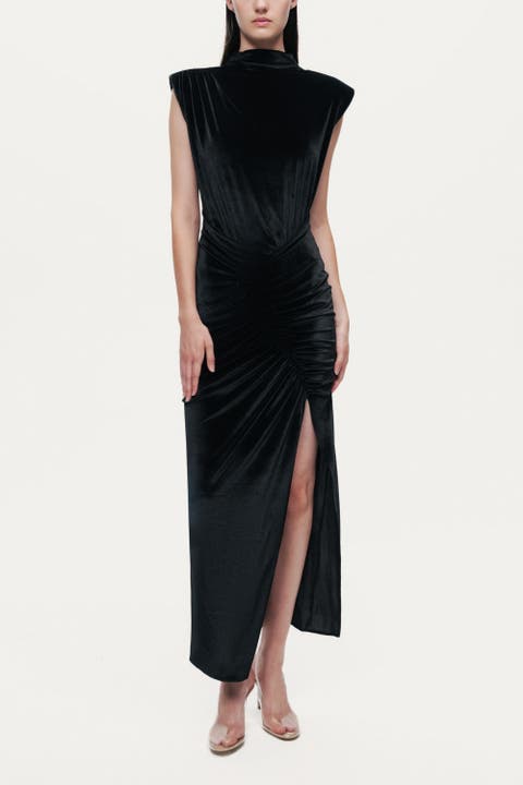 High-Neck Ruched Midi Dress