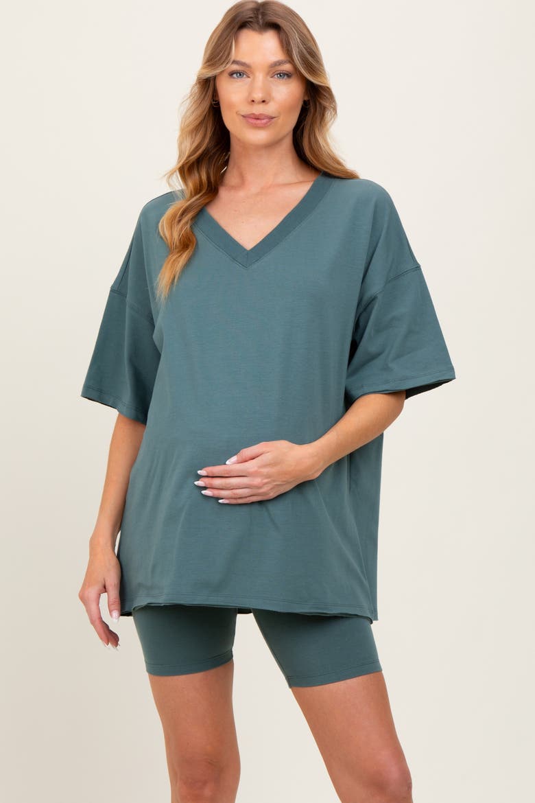 Olive Oversized V-Neck Biker Short Set, Alternate, color, Light Olive