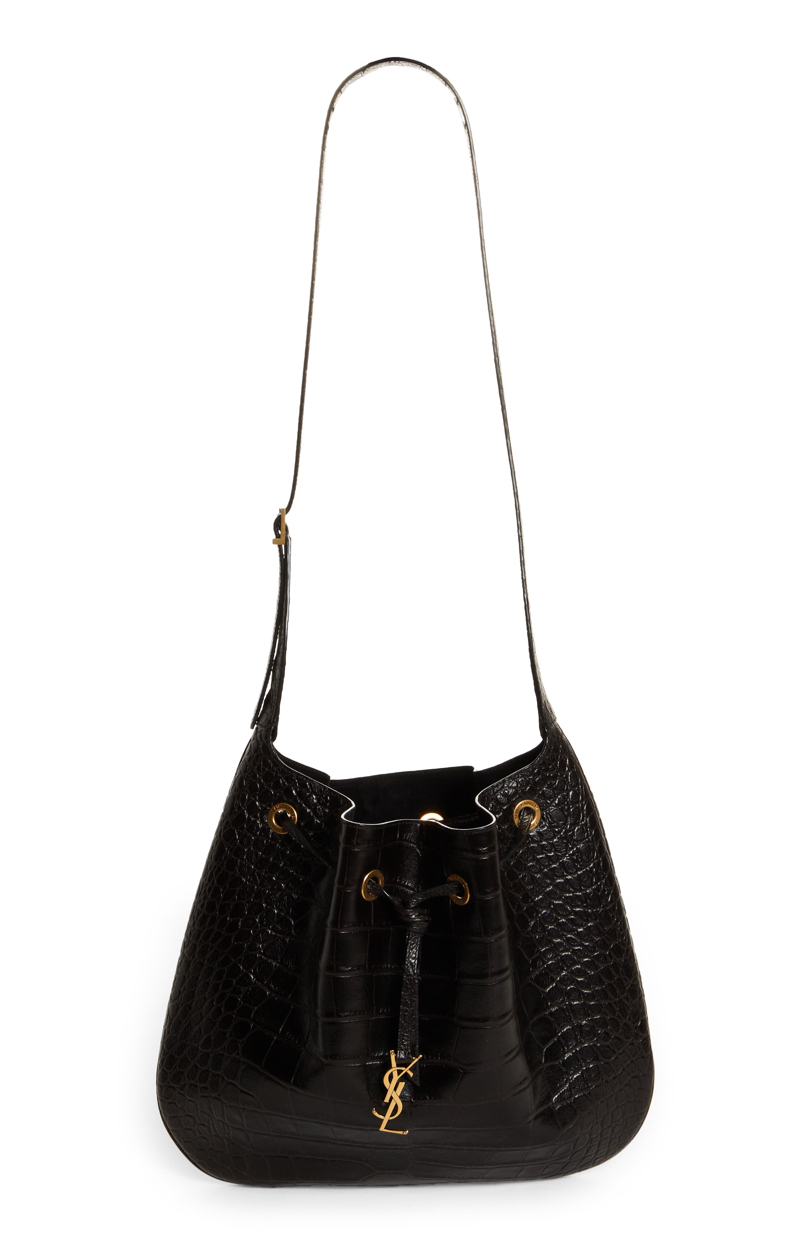Saint Laurent Paris VII Flat Croc Embossed Leather Hobo Bag, Main, color, 