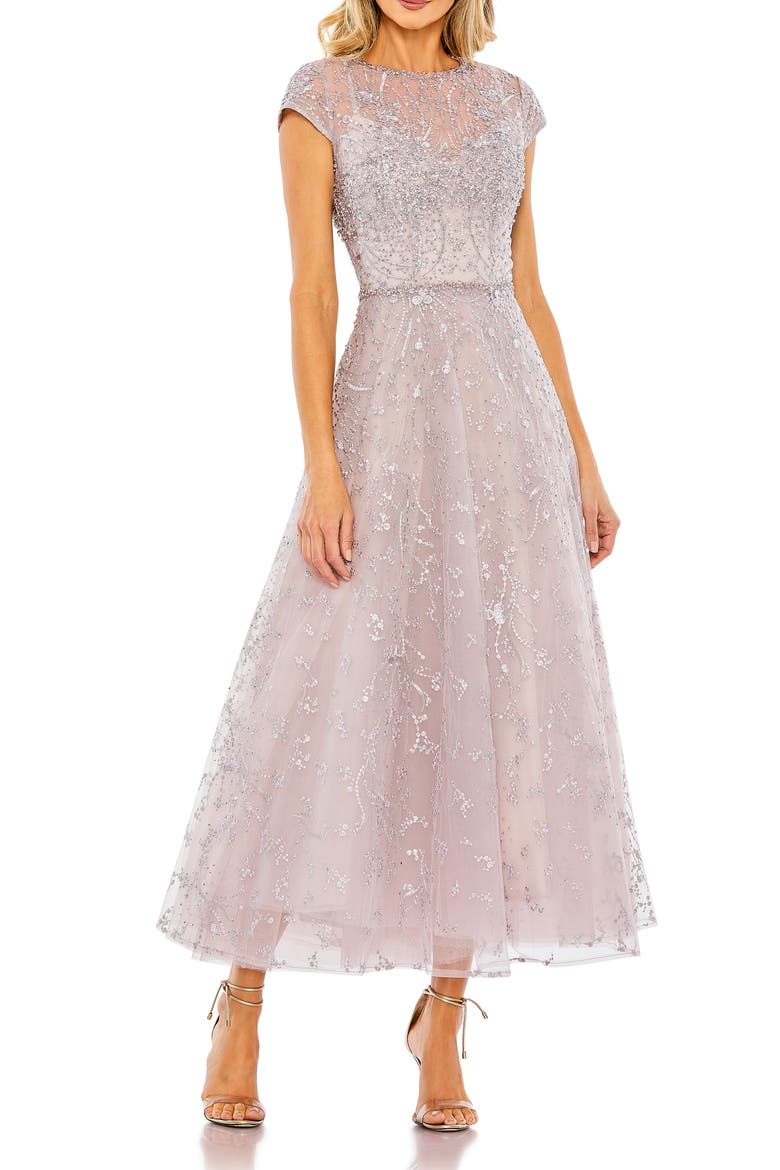Petite Embellished High Neck Cap Sleeve A Line Dress, Main, color, Lilac
