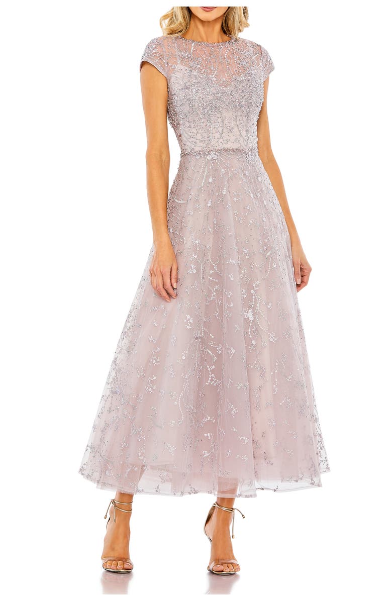 Mac Duggal Petite Embellished High Neck Cap Sleeve A Line Dress, Main, color, Lilac