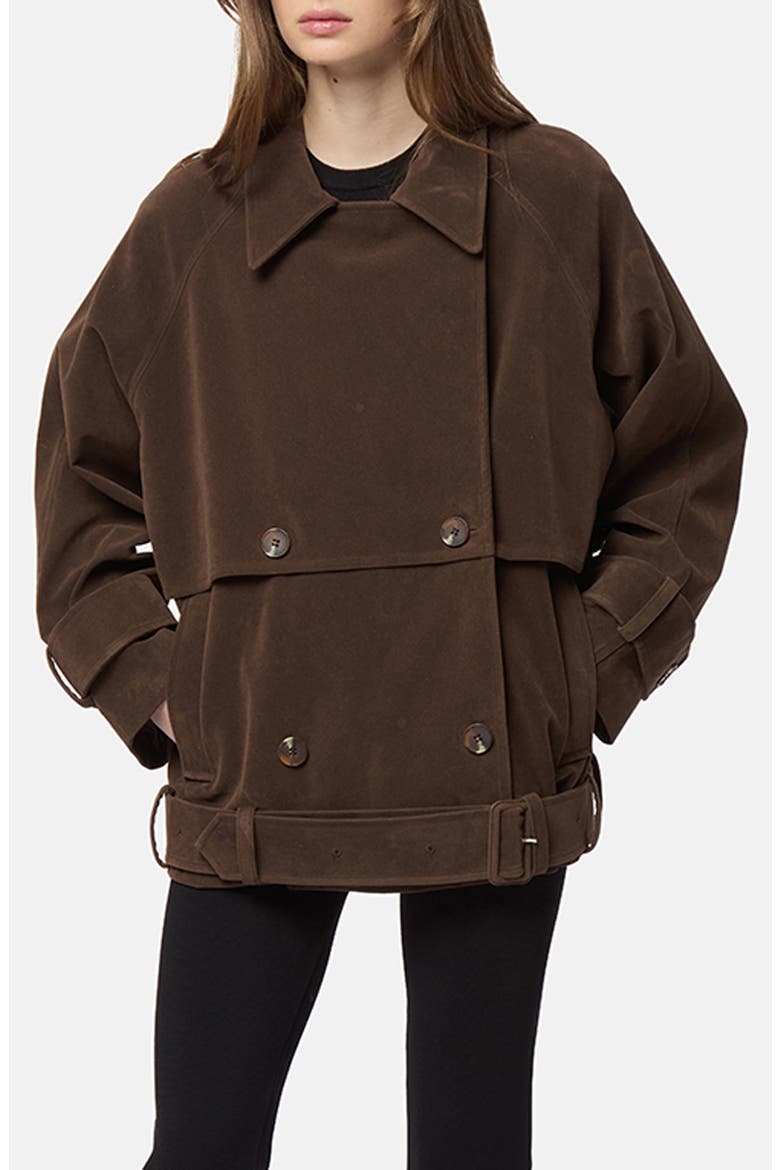 Gaia Faux Suede Short Trench Coat, Main, color, DARK BROWN