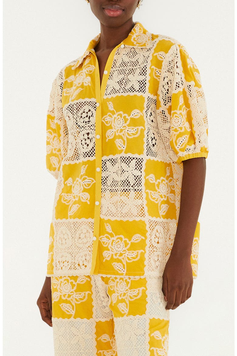 Lace Patchwork Cotton Button-Up Shirt, Main, color, OFF-WHITE/ YELLOW