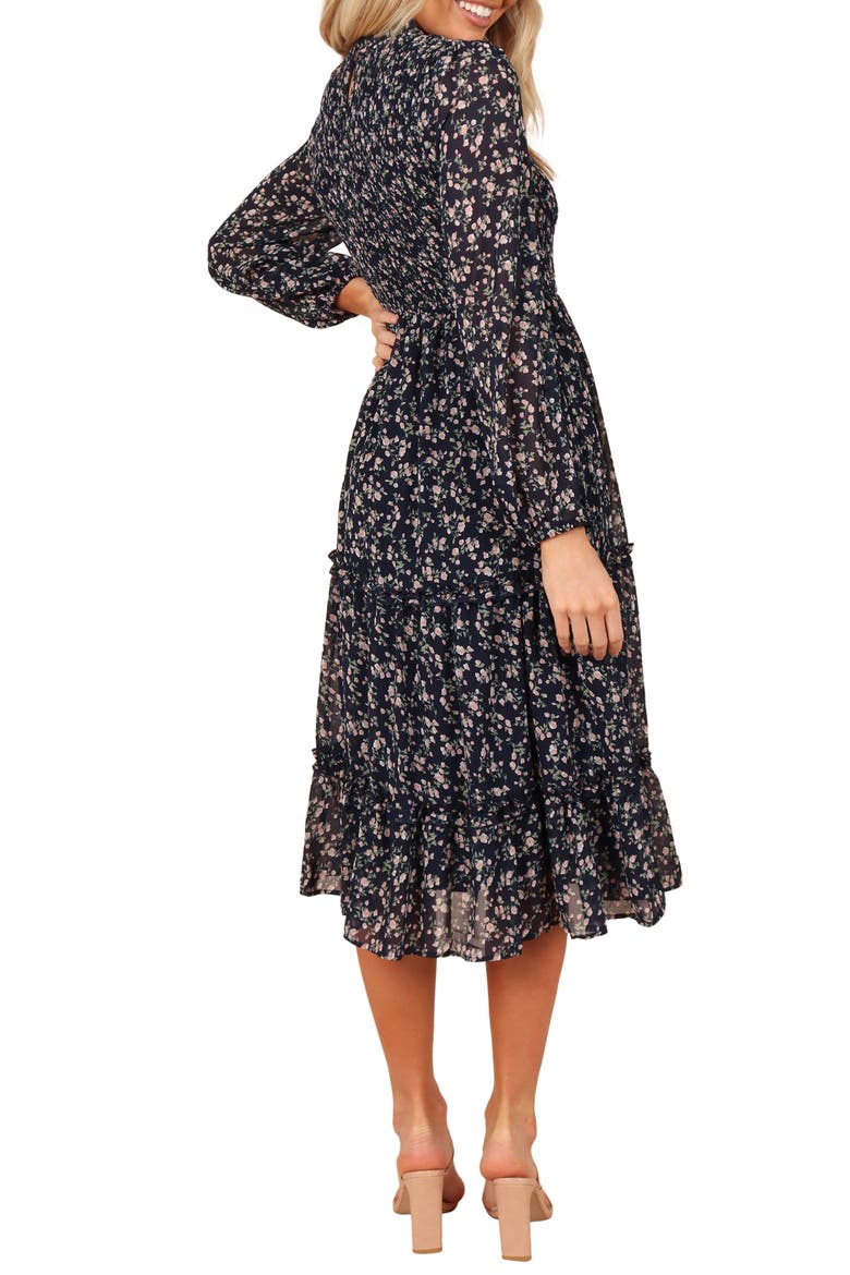 Edwina Floral Long Sleeve Tiered Midi Dress, Alternate, color, NAVY FLORAL