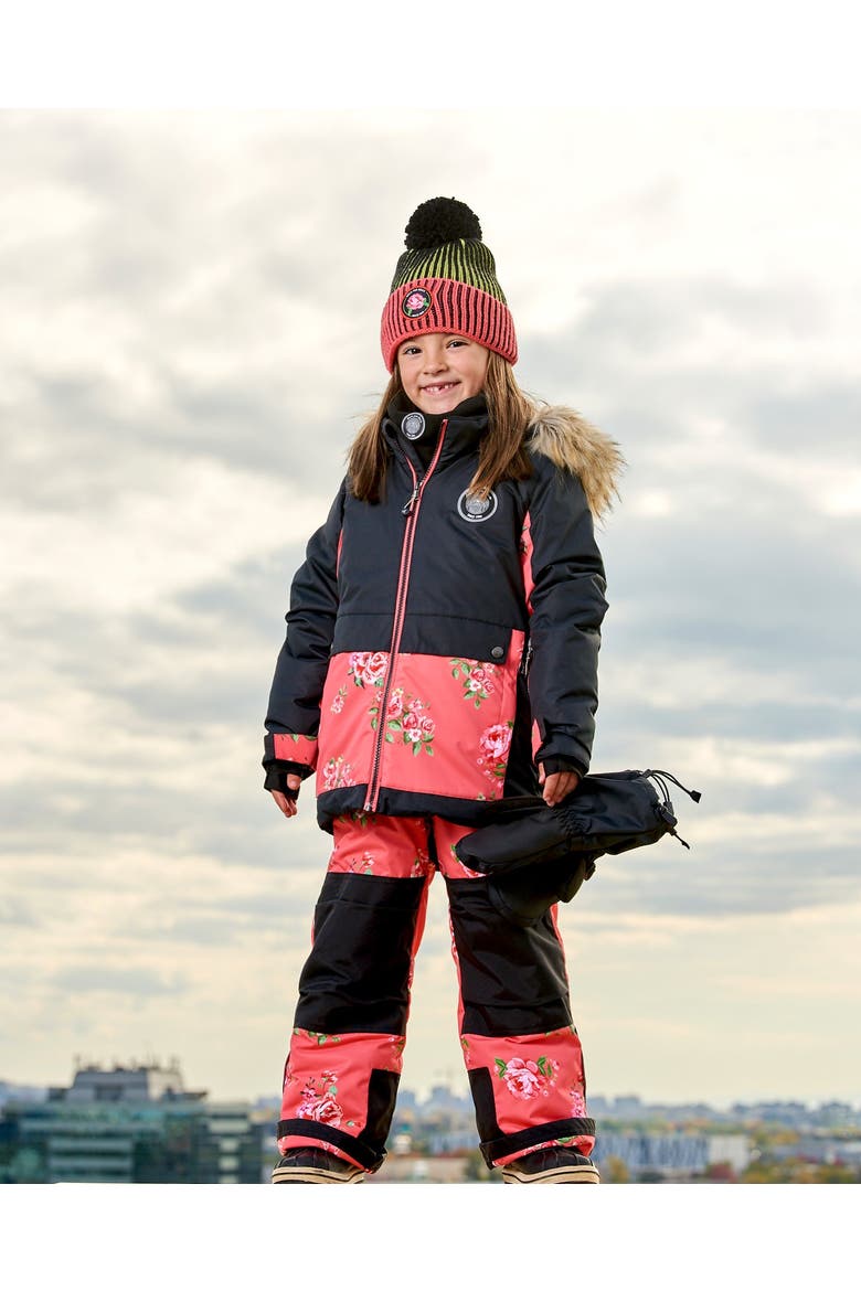 Girl's Two Piece Snowsuit Black With Print Pant Printed Coral Flowers, Alternate, color, Printed Coral Flowers