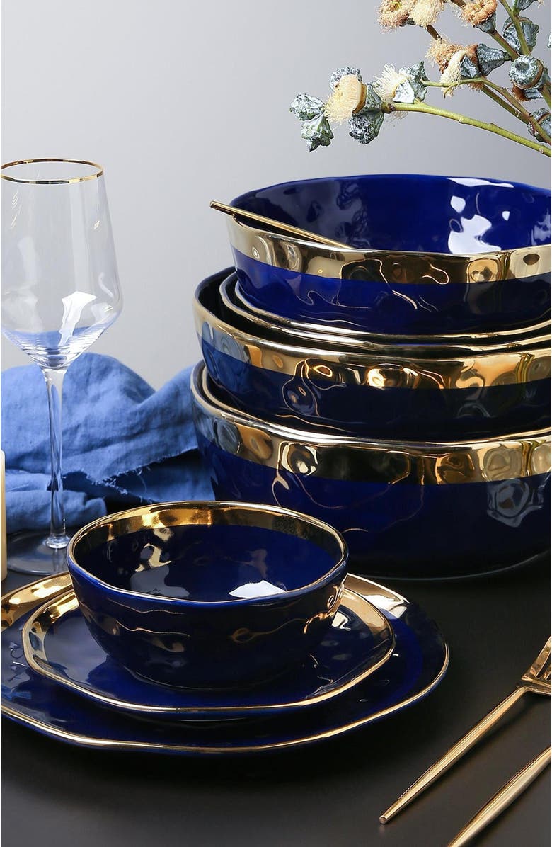 Stone Lain Florian Porcelain 16-Piece Dinnerware Set, Alternate, color, Navy Blue