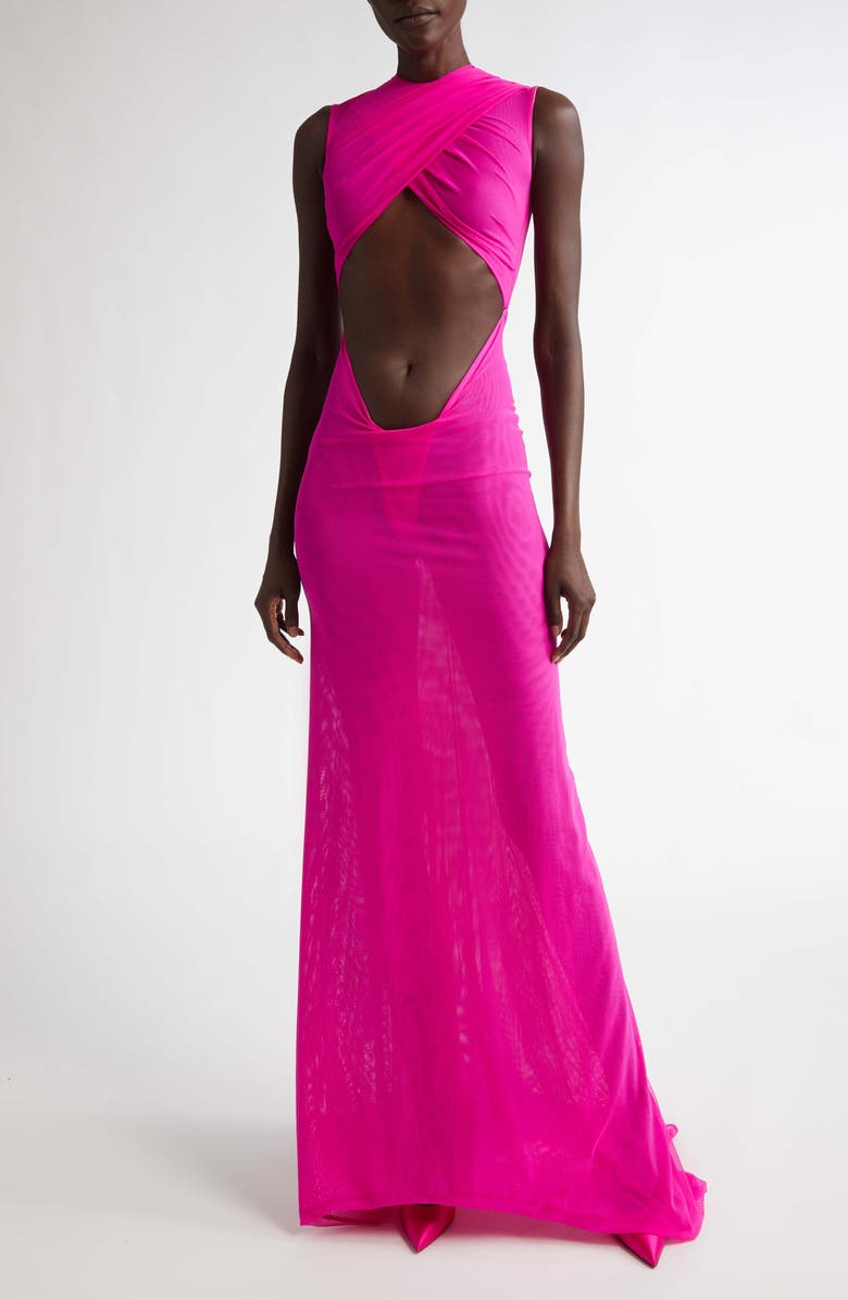 LaQuan Smith Crisscross Sleeveless Sheer Mesh Gown, Main, color, 