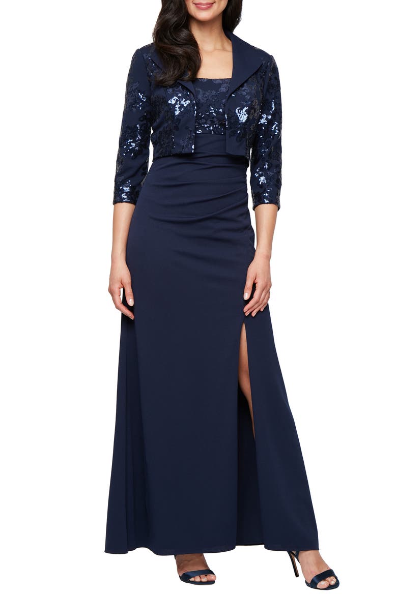 Sequin Detail Sleeveless Scuba Crepe Gown with Sequin Bolero Jacket, Main, color, NAVY
