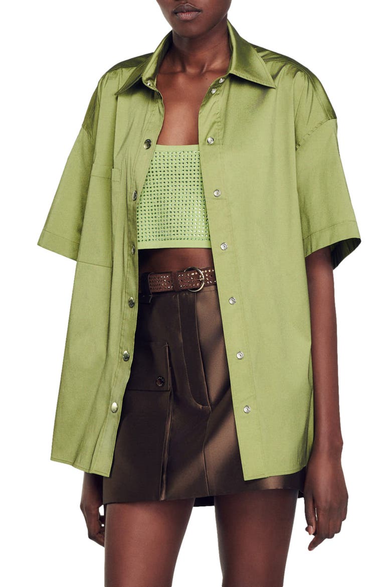 Cacao Oversize Short Sleeve Satin Shirt, Alternate, color, LIGHT KAKI