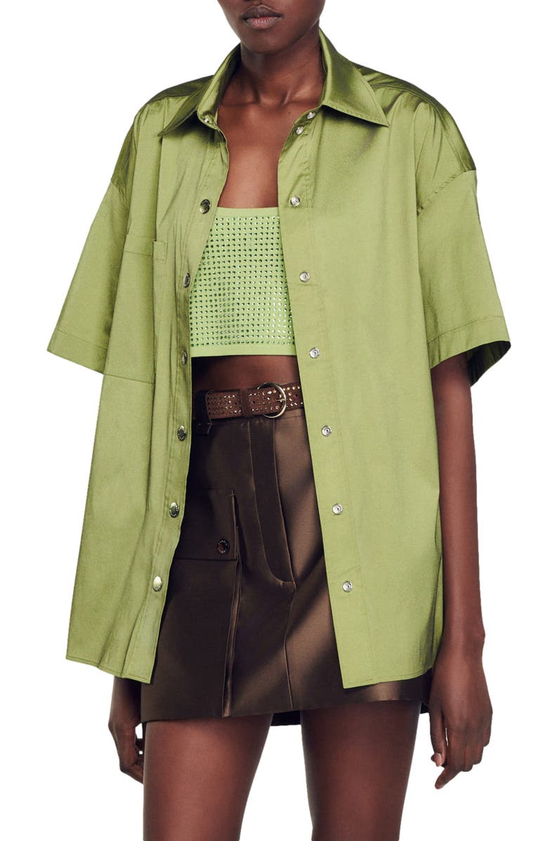 SANDRO Cacao Oversize Short Sleeve Satin Shirt, Alternate, color,