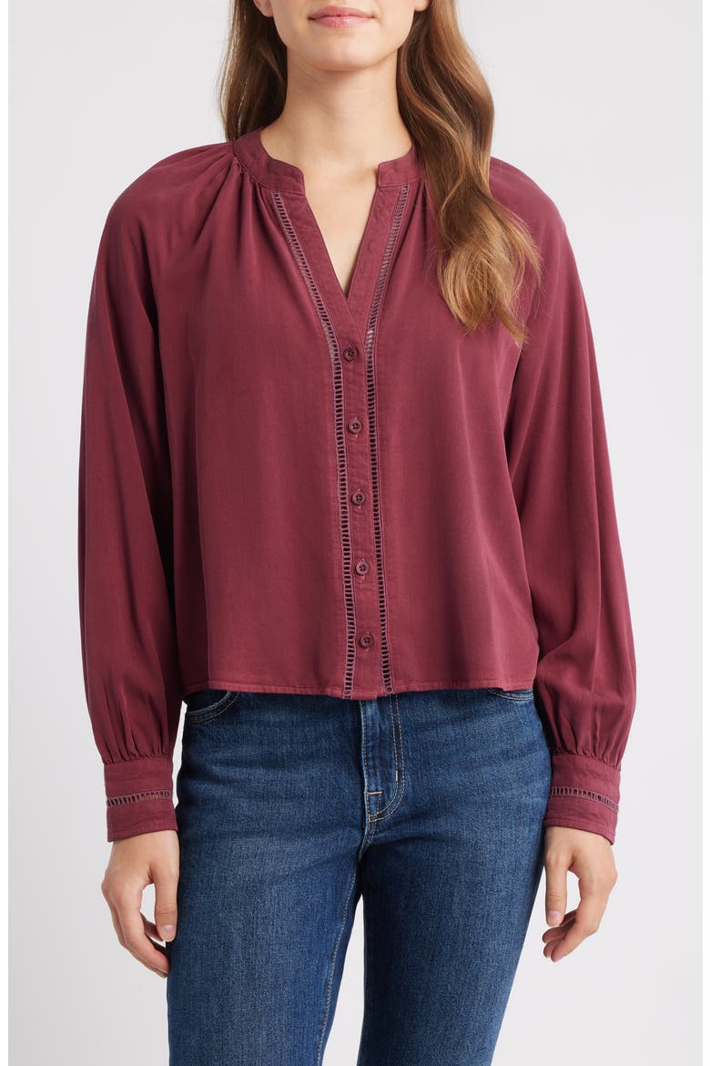 Shirred Button-Up Shirt, Main, color, MERLOT HARVEST