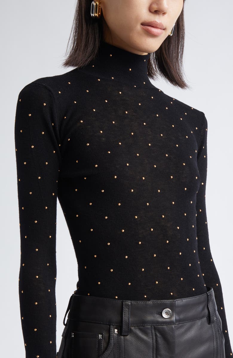Rabanne Studded Funnel Neck Wool Sweater, Alternate, color, Black