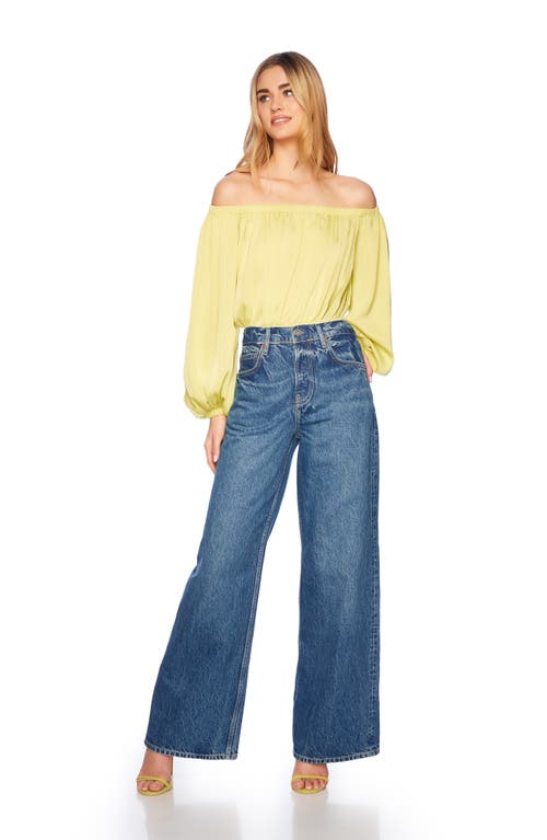 Susana Monaco Off The Shoulder Matte Satin Blouson Bodysuit In Celery