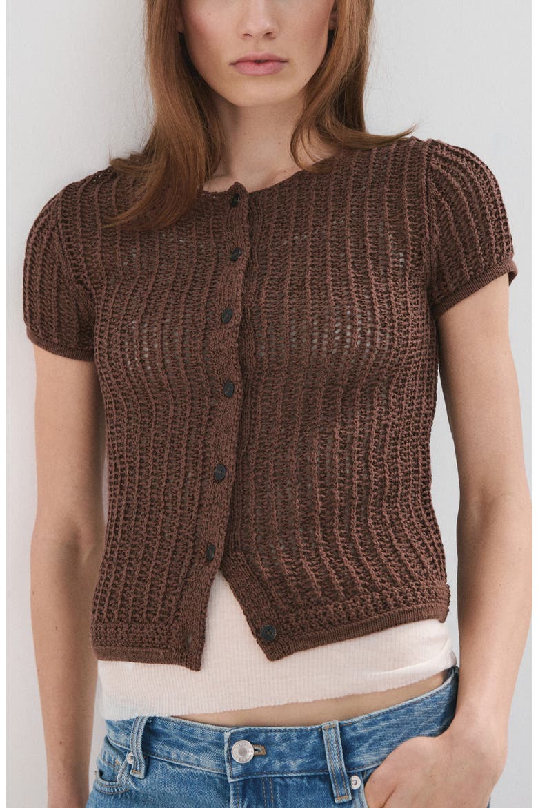 Short Sleeve Crochet Cardigan, Main, color, CHOCOLATE
