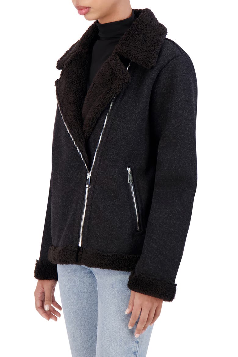 Asymmetric Faux Shearling Trim Faux Wool Moto Jacket, Alternate, color, BLACK