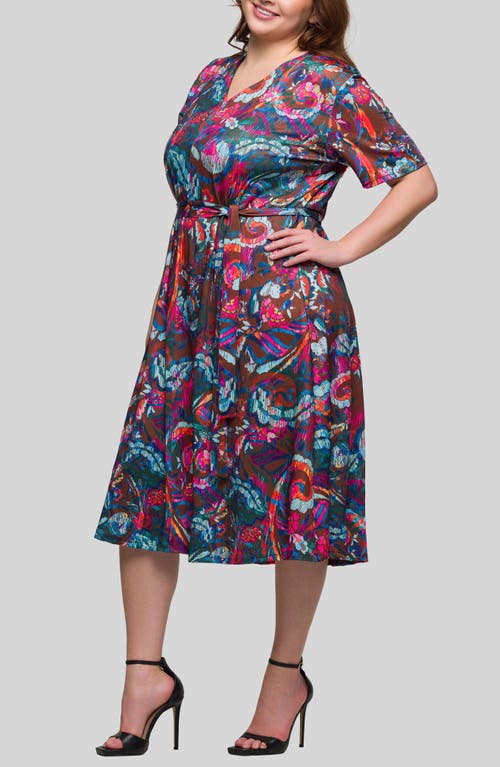 24seven Comfort Apparel Plus Size Print Short Sleeve Tie Waist Midi Dress In Pink Multi