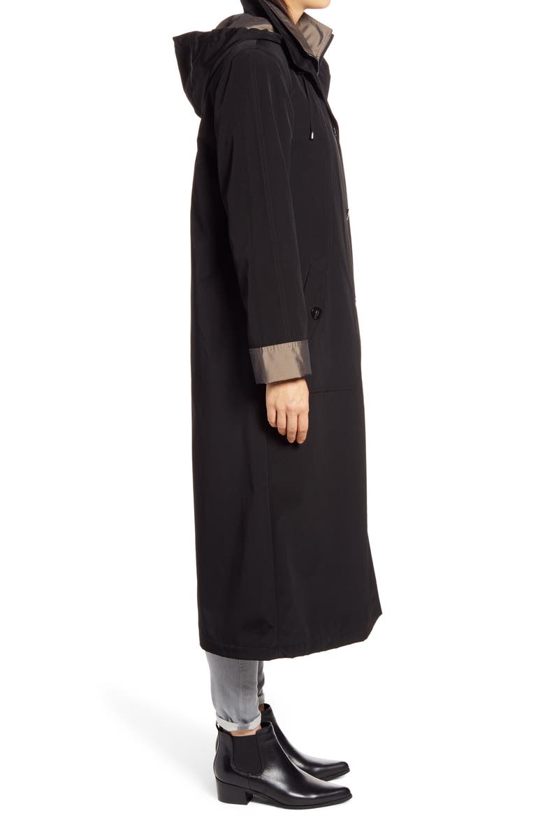 Full Length Two-Tone Silk Look Raincoat, Alternate, color, BLACK