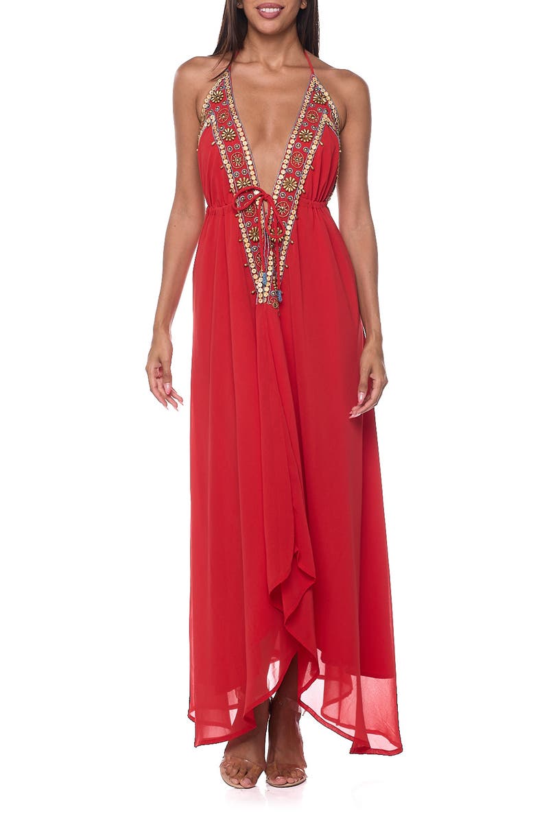 RANEES Embellished Cover-Up Halter Dress, Main, color, Red