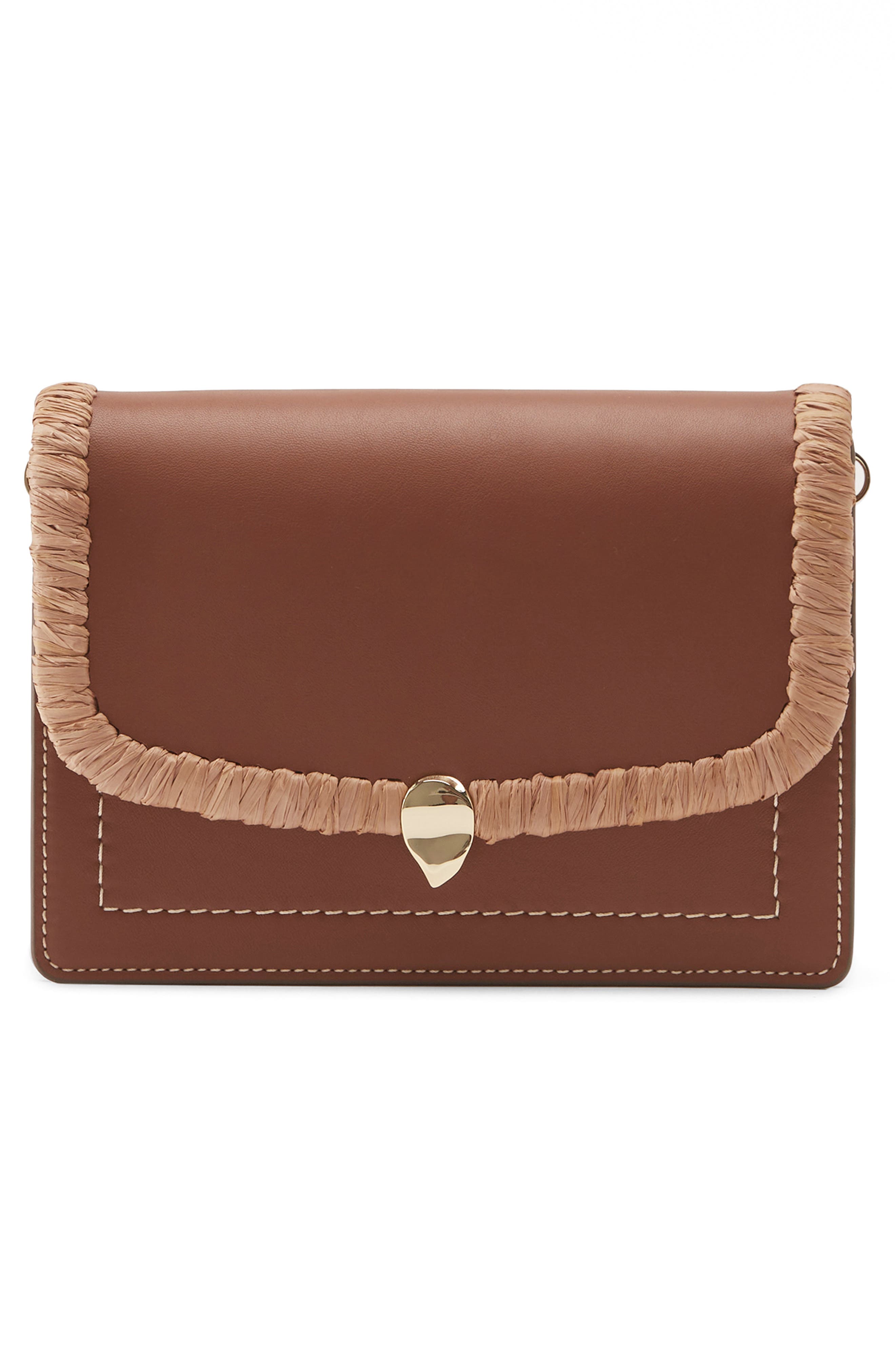 Dauphine Raffia Trim Leather Crossbody Bag, Alternate, color, CUOIO/ NOUGAT