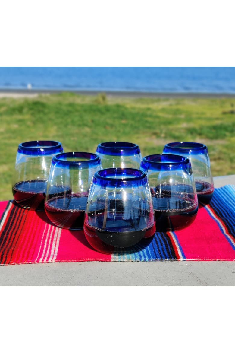 Hand Blown Stemless Wine Glasses - Set of 6, Alternate, color, Cobalt Rim