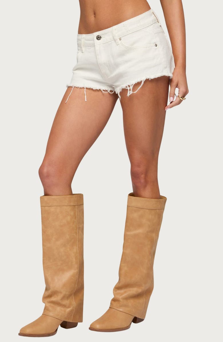 EDIKTED Low Rise Fray Hem Denim Shorts, Alternate, color, 