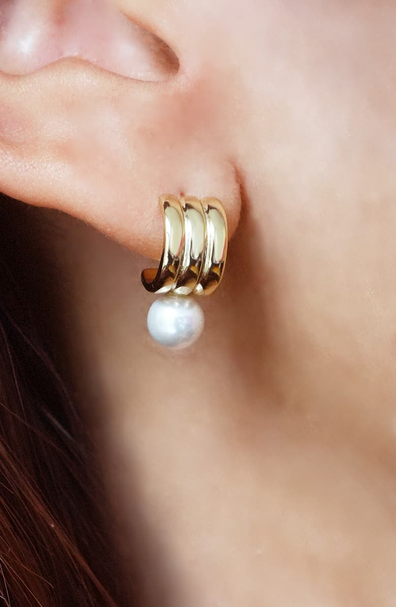 Argento Vivo Sterling Silver Small Rib Faux Pearl Huggie Hoop Earrings, Alternate, color, Gold