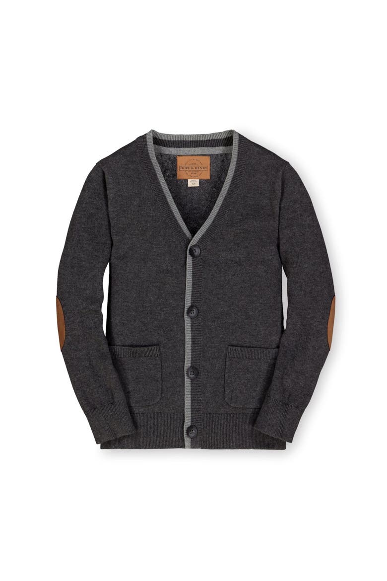 Baby Boys' Organic Tipped Cardigan with Elbow Patches, Infant, Main, color, Charcoal Gray Heather